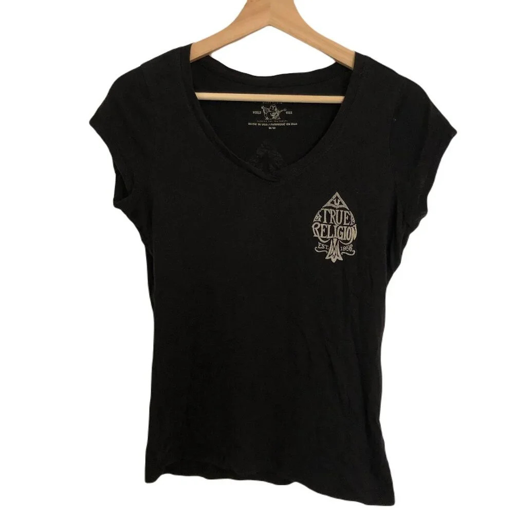 True Religion V Neck Y2K Short Sleeve Tee T-Shirt Size  M Black Logo Script